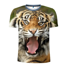 Мужская футболка 3D спортивная с принтом Тигр в Новосибирске, 100% полиэстер с улучшенными характеристиками | приталенный силуэт, круглая горловина, широкие плечи, сужается к линии бедра | Тематика изображения на принте: angry | animal | beast | jaws | predator | teeth | tiger | животное | зверь | злой | клыки | оскал | пасть | тигр | хищник