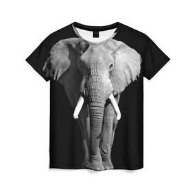 Женская футболка 3D с принтом Слон в Новосибирске, 100% полиэфир ( синтетическое хлопкоподобное полотно) | прямой крой, круглый вырез горловины, длина до линии бедер | africa | big | black   white | elephant is an animal | shroud | tusks | африка | бивни | большой | животное | идет | савана | слон | черно   белый