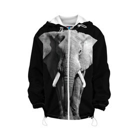 Детская куртка 3D с принтом Слон в Новосибирске, 100% полиэстер | застежка — молния, подол и капюшон оформлены резинкой с фиксаторами, по бокам — два кармана без застежек, один потайной карман на груди, плотность верхнего слоя — 90 г/м2; плотность флисового подклада — 260 г/м2 | africa | big | black   white | elephant is an animal | shroud | tusks | африка | бивни | большой | животное | идет | савана | слон | черно   белый