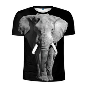 Мужская футболка 3D спортивная с принтом Слон в Новосибирске, 100% полиэстер с улучшенными характеристиками | приталенный силуэт, круглая горловина, широкие плечи, сужается к линии бедра | africa | big | black   white | elephant is an animal | shroud | tusks | африка | бивни | большой | животное | идет | савана | слон | черно   белый