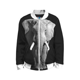 Детский бомбер 3D с принтом Слон в Новосибирске, 100% полиэстер | застегивается на молнию, по бокам два кармана без застежек, мягкие манжеты, по низу бомбера и на воротнике — эластичная резинка | africa | big | black   white | elephant is an animal | shroud | tusks | африка | бивни | большой | животное | идет | савана | слон | черно   белый