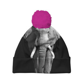 Шапка 3D c помпоном с принтом Слон в Новосибирске, 100% полиэстер | универсальный размер, печать по всей поверхности изделия | africa | big | black   white | elephant is an animal | shroud | tusks | африка | бивни | большой | животное | идет | савана | слон | черно   белый