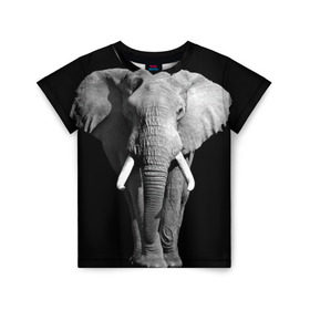 Детская футболка 3D с принтом Слон в Новосибирске, 100% гипоаллергенный полиэфир | прямой крой, круглый вырез горловины, длина до линии бедер, чуть спущенное плечо, ткань немного тянется | africa | big | black   white | elephant is an animal | shroud | tusks | африка | бивни | большой | животное | идет | савана | слон | черно   белый