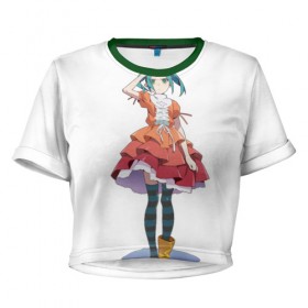 Женская футболка 3D укороченная с принтом Ononoki Yotsugi в Новосибирске, 100% полиэстер | круглая горловина, длина футболки до линии талии, рукава с отворотами | 
