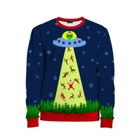 Детский свитшот 3D с принтом Похищение Санта Клауса в Новосибирске, 100% полиэстер | свободная посадка, прямой крой, мягкая тканевая резинка на рукавах и понизу свитшота | вязанный | дед мороз | нлоб инопланетяне | новый год | рождество | свитер