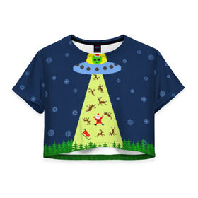 Женская футболка 3D укороченная с принтом Похищение Санта Клауса в Новосибирске, 100% полиэстер | круглая горловина, длина футболки до линии талии, рукава с отворотами | Тематика изображения на принте: вязанный | дед мороз | нлоб инопланетяне | новый год | рождество | свитер