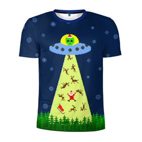Мужская футболка 3D спортивная с принтом Похищение Санта Клауса в Новосибирске, 100% полиэстер с улучшенными характеристиками | приталенный силуэт, круглая горловина, широкие плечи, сужается к линии бедра | Тематика изображения на принте: вязанный | дед мороз | нлоб инопланетяне | новый год | рождество | свитер