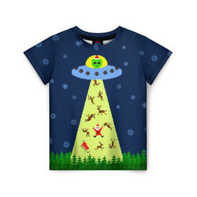 Детская футболка 3D с принтом Похищение Санта Клауса в Новосибирске, 100% гипоаллергенный полиэфир | прямой крой, круглый вырез горловины, длина до линии бедер, чуть спущенное плечо, ткань немного тянется | вязанный | дед мороз | нлоб инопланетяне | новый год | рождество | свитер