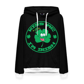 Женская толстовка 3D с принтом Ireland, Kiss me, I`m Irish в Новосибирске, 100% полиэстер  | двухслойный капюшон со шнурком для регулировки, мягкие манжеты на рукавах и по низу толстовки, спереди карман-кенгуру с мягким внутренним слоем. | Тематика изображения на принте: animation | background | black | clover | four | green | hat | im irish | ireland | kiss me | leaf | petal | printing | smile | анимация | зелёный | ирландец | ирландия | клевер | лепесток | листок | меня | печать | поцелуй | улыбка | фон | черный | четыр