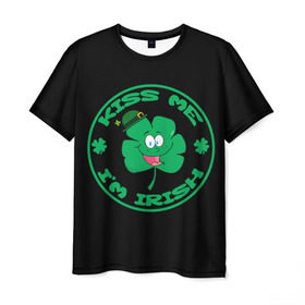 Мужская футболка 3D с принтом Ireland, Kiss me, I`m Irish в Новосибирске, 100% полиэфир | прямой крой, круглый вырез горловины, длина до линии бедер | animation | background | black | clover | four | green | hat | im irish | ireland | kiss me | leaf | petal | printing | smile | анимация | зелёный | ирландец | ирландия | клевер | лепесток | листок | меня | печать | поцелуй | улыбка | фон | черный | четыр