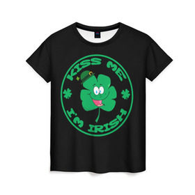 Женская футболка 3D с принтом Ireland, Kiss me, I`m Irish в Новосибирске, 100% полиэфир ( синтетическое хлопкоподобное полотно) | прямой крой, круглый вырез горловины, длина до линии бедер | animation | background | black | clover | four | green | hat | im irish | ireland | kiss me | leaf | petal | printing | smile | анимация | зелёный | ирландец | ирландия | клевер | лепесток | листок | меня | печать | поцелуй | улыбка | фон | черный | четыр