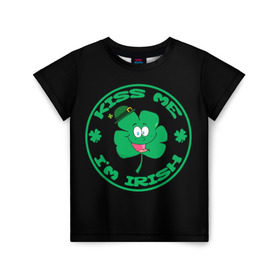 Детская футболка 3D с принтом Ireland, Kiss me, I`m Irish в Новосибирске, 100% гипоаллергенный полиэфир | прямой крой, круглый вырез горловины, длина до линии бедер, чуть спущенное плечо, ткань немного тянется | animation | background | black | clover | four | green | hat | im irish | ireland | kiss me | leaf | petal | printing | smile | анимация | зелёный | ирландец | ирландия | клевер | лепесток | листок | меня | печать | поцелуй | улыбка | фон | черный | четыр