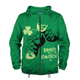 Мужская ветровка 3D с принтом Ireland, Irish dance в Новосибирске, 100% полиэстер | подол и капюшон оформлены резинкой с фиксаторами, два кармана без застежек по бокам, один потайной карман на груди | Тематика изображения на принте: background | black | clover | dance | green | ireland | irish | petal | soft shoes | зеленый | ирландия | ирландский | клевер | лепесток | мягкая | обувь | танец | фон | черная