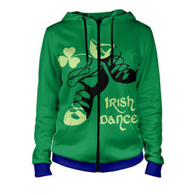Женская толстовка 3D на молнии с принтом Ireland, Irish dance в Новосибирске, 100% полиэстер | длина до линии бедра, манжеты и пояс оформлены мягкой тканевой резинкой, двухслойный капюшон со шнурком для регулировки, спереди молния, по бокам два кармана | background | black | clover | dance | green | ireland | irish | petal | soft shoes | зеленый | ирландия | ирландский | клевер | лепесток | мягкая | обувь | танец | фон | черная
