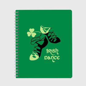 Тетрадь с принтом Ireland Irish dance в Новосибирске, 100% бумага | 48 листов, плотность листов — 60 г/м2, плотность картонной обложки — 250 г/м2. Листы скреплены сбоку удобной пружинной спиралью. Уголки страниц и обложки скругленные. Цвет линий — светло-серый
 | background | black | clover | dance | green | ireland | irish | petal | soft shoes | зеленый | ирландия | ирландский | клевер | лепесток | мягкая | обувь | танец | фон | черная