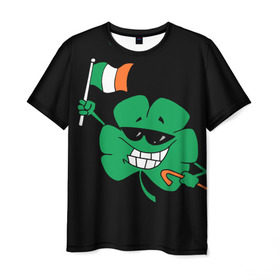 Мужская футболка 3D с принтом Ирландия, клевер с флагом в Новосибирске, 100% полиэфир | прямой крой, круглый вырез горловины, длина до линии бедер | animation | background | black | clover | flag | ireland | smile | stick | teeth | анимация | зубы | ирландия | клевер | очки | палка | улыбка | флаг | фон | черный