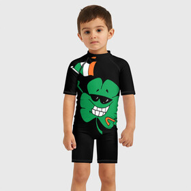 Детский купальный костюм 3D с принтом Ирландия, клевер с флагом в Новосибирске, Полиэстер 85%, Спандекс 15% | застежка на молнии на спине | animation | background | black | clover | flag | ireland | smile | stick | teeth | анимация | зубы | ирландия | клевер | очки | палка | улыбка | флаг | фон | черный