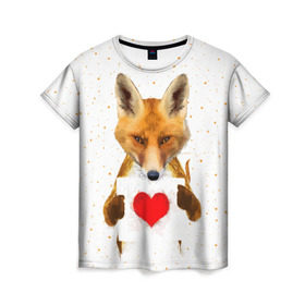 Женская футболка 3D с принтом Влюбленная лиса в Новосибирске, 100% полиэфир ( синтетическое хлопкоподобное полотно) | прямой крой, круглый вырез горловины, длина до линии бедер | animal | beast | fox | heart | love | orange | животное | зверь | лис | лиса | личиска | любовь | рыжая | сердце