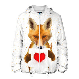 Мужская куртка 3D с принтом Влюбленная лиса в Новосибирске, ткань верха — 100% полиэстер, подклад — флис | прямой крой, подол и капюшон оформлены резинкой с фиксаторами, два кармана без застежек по бокам, один большой потайной карман на груди. Карман на груди застегивается на липучку | Тематика изображения на принте: animal | beast | fox | heart | love | orange | животное | зверь | лис | лиса | личиска | любовь | рыжая | сердце