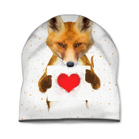 Шапка 3D с принтом Влюбленная лиса в Новосибирске, 100% полиэстер | универсальный размер, печать по всей поверхности изделия | animal | beast | fox | heart | love | orange | животное | зверь | лис | лиса | личиска | любовь | рыжая | сердце