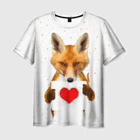 Мужская футболка 3D с принтом Влюбленная лиса в Новосибирске, 100% полиэфир | прямой крой, круглый вырез горловины, длина до линии бедер | Тематика изображения на принте: animal | beast | fox | heart | love | orange | животное | зверь | лис | лиса | личиска | любовь | рыжая | сердце