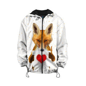 Детская куртка 3D с принтом Влюбленная лиса в Новосибирске, 100% полиэстер | застежка — молния, подол и капюшон оформлены резинкой с фиксаторами, по бокам — два кармана без застежек, один потайной карман на груди, плотность верхнего слоя — 90 г/м2; плотность флисового подклада — 260 г/м2 | Тематика изображения на принте: animal | beast | fox | heart | love | orange | животное | зверь | лис | лиса | личиска | любовь | рыжая | сердце