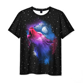 Мужская футболка 3D с принтом Воющий волк в Новосибирске, 100% полиэфир | прямой крой, круглый вырез горловины, длина до линии бедер | Тематика изображения на принте: animal | beast | cosmic | galaxy | moon | planet | rage | roar | space | star | universe | wild | wolf | волк | вселенная | галактика | животное | звезды | зверь | космос | луна | планета | рык | ярость