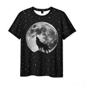 Мужская футболка 3D с принтом Лунный волк в Новосибирске, 100% полиэфир | прямой крой, круглый вырез горловины, длина до линии бедер | Тематика изображения на принте: animal | beast | cosmic | galaxy | moon | planet | rage | roar | space | star | universe | wild | wolf | волк | вселенная | галактика | животное | звезды | зверь | космос | луна | планета | рык | ярость
