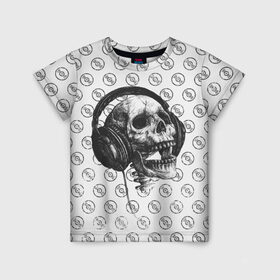 Детская футболка 3D с принтом Череп меломана в Новосибирске, 100% гипоаллергенный полиэфир | прямой крой, круглый вырез горловины, длина до линии бедер, чуть спущенное плечо, ткань немного тянется | Тематика изображения на принте: bone | dark | death | dubstep | electro | evil | hipster | metal | music | rock | skelet | skull | дабстеп | кости | меломан | метал | музыка | наушники | рок | скелет | хипстер | череп
