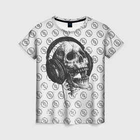 Женская футболка 3D с принтом Череп меломана в Новосибирске, 100% полиэфир ( синтетическое хлопкоподобное полотно) | прямой крой, круглый вырез горловины, длина до линии бедер | bone | dark | death | dubstep | electro | evil | hipster | metal | music | rock | skelet | skull | дабстеп | кости | меломан | метал | музыка | наушники | рок | скелет | хипстер | череп
