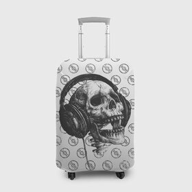 Чехол для чемодана 3D с принтом Череп меломана в Новосибирске, 86% полиэфир, 14% спандекс | двустороннее нанесение принта, прорези для ручек и колес | bone | dark | death | dubstep | electro | evil | hipster | metal | music | rock | skelet | skull | дабстеп | кости | меломан | метал | музыка | наушники | рок | скелет | хипстер | череп