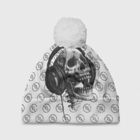 Шапка 3D c помпоном с принтом Череп меломана в Новосибирске, 100% полиэстер | универсальный размер, печать по всей поверхности изделия | bone | dark | death | dubstep | electro | evil | hipster | metal | music | rock | skelet | skull | дабстеп | кости | меломан | метал | музыка | наушники | рок | скелет | хипстер | череп