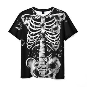 Мужская футболка 3D с принтом Floral Skeleton в Новосибирске, 100% полиэфир | прямой крой, круглый вырез горловины, длина до линии бедер | art | bone | dark | death | fashion | flower | hipster | skelet | skull | арт | грудь | кости | мода | ребра | скелет | стиль | темный | хипстер | цвет | череп