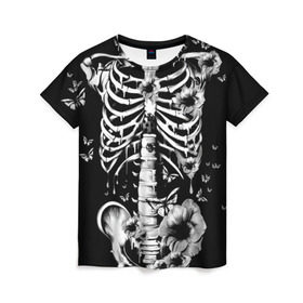 Женская футболка 3D с принтом Floral Skeleton в Новосибирске, 100% полиэфир ( синтетическое хлопкоподобное полотно) | прямой крой, круглый вырез горловины, длина до линии бедер | art | bone | dark | death | fashion | flower | hipster | skelet | skull | арт | грудь | кости | мода | ребра | скелет | стиль | темный | хипстер | цвет | череп