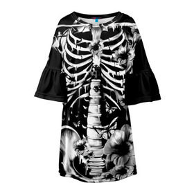 Детское платье 3D с принтом Floral Skeleton в Новосибирске, 100% полиэстер | прямой силуэт, чуть расширенный к низу. Круглая горловина, на рукавах — воланы | art | bone | dark | death | fashion | flower | hipster | skelet | skull | арт | грудь | кости | мода | ребра | скелет | стиль | темный | хипстер | цвет | череп