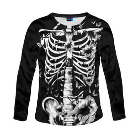 Женский лонгслив 3D с принтом Floral Skeleton в Новосибирске, 100% полиэстер | длинные рукава, круглый вырез горловины, полуприлегающий силуэт | art | bone | dark | death | fashion | flower | hipster | skelet | skull | арт | грудь | кости | мода | ребра | скелет | стиль | темный | хипстер | цвет | череп
