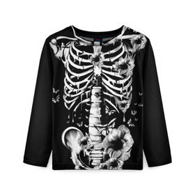 Детский лонгслив 3D с принтом Floral Skeleton в Новосибирске, 100% полиэстер | длинные рукава, круглый вырез горловины, полуприлегающий силуэт
 | Тематика изображения на принте: art | bone | dark | death | fashion | flower | hipster | skelet | skull | арт | грудь | кости | мода | ребра | скелет | стиль | темный | хипстер | цвет | череп