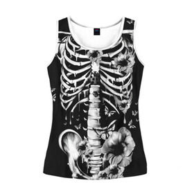 Женская майка 3D с принтом Floral Skeleton в Новосибирске, 100% полиэстер | круглая горловина, прямой силуэт, длина до линии бедра | art | bone | dark | death | fashion | flower | hipster | skelet | skull | арт | грудь | кости | мода | ребра | скелет | стиль | темный | хипстер | цвет | череп