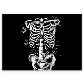 Поздравительная открытка с принтом Floral Skeleton в Новосибирске, 100% бумага | плотность бумаги 280 г/м2, матовая, на обратной стороне линовка и место для марки
 | art | bone | dark | death | fashion | flower | hipster | skelet | skull | арт | грудь | кости | мода | ребра | скелет | стиль | темный | хипстер | цвет | череп