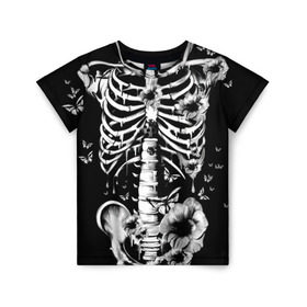 Детская футболка 3D с принтом Floral Skeleton в Новосибирске, 100% гипоаллергенный полиэфир | прямой крой, круглый вырез горловины, длина до линии бедер, чуть спущенное плечо, ткань немного тянется | Тематика изображения на принте: art | bone | dark | death | fashion | flower | hipster | skelet | skull | арт | грудь | кости | мода | ребра | скелет | стиль | темный | хипстер | цвет | череп