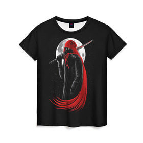 Женская футболка 3D с принтом Лунный убийца в Новосибирске, 100% полиэфир ( синтетическое хлопкоподобное полотно) | прямой крой, круглый вырез горловины, длина до линии бедер | moon | ninja | warrior | воин | звезды | луна | ниндзя