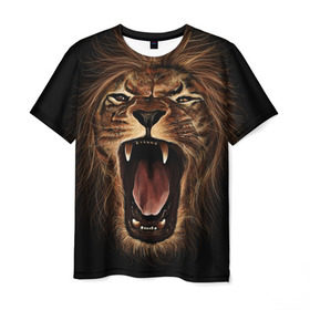 Мужская футболка 3D с принтом Львиный рык в Новосибирске, 100% полиэфир | прямой крой, круглый вырез горловины, длина до линии бедер | Тематика изображения на принте: animal | beast | cat | feline | king | lion | meow | pussy | rage | roar | животное | зверь | король | кот | кошка | лев | львица | мяу | рык | хищник | царь | ярость