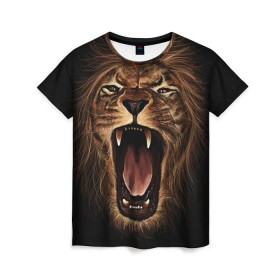 Женская футболка 3D с принтом Львиный рык в Новосибирске, 100% полиэфир ( синтетическое хлопкоподобное полотно) | прямой крой, круглый вырез горловины, длина до линии бедер | animal | beast | cat | feline | king | lion | meow | pussy | rage | roar | животное | зверь | король | кот | кошка | лев | львица | мяу | рык | хищник | царь | ярость