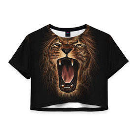 Женская футболка 3D укороченная с принтом Львиный рык в Новосибирске, 100% полиэстер | круглая горловина, длина футболки до линии талии, рукава с отворотами | animal | beast | cat | feline | king | lion | meow | pussy | rage | roar | животное | зверь | король | кот | кошка | лев | львица | мяу | рык | хищник | царь | ярость