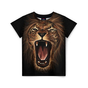 Детская футболка 3D с принтом Львиный рык в Новосибирске, 100% гипоаллергенный полиэфир | прямой крой, круглый вырез горловины, длина до линии бедер, чуть спущенное плечо, ткань немного тянется | animal | beast | cat | feline | king | lion | meow | pussy | rage | roar | животное | зверь | король | кот | кошка | лев | львица | мяу | рык | хищник | царь | ярость