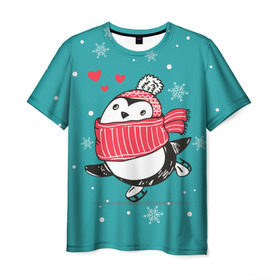 Мужская футболка 3D с принтом Пингвинчик на коньках в Новосибирске, 100% полиэфир | прямой крой, круглый вырез горловины, длина до линии бедер | Тематика изображения на принте: 14 февраля | день святого валентина | зима | пингвин | снег | снежинки