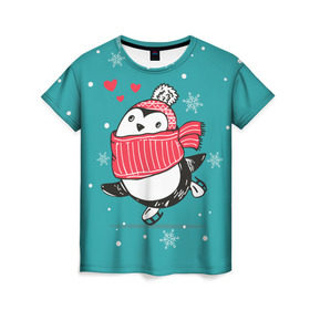 Женская футболка 3D с принтом Пингвинчик на коньках в Новосибирске, 100% полиэфир ( синтетическое хлопкоподобное полотно) | прямой крой, круглый вырез горловины, длина до линии бедер | 14 февраля | день святого валентина | зима | пингвин | снег | снежинки