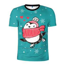 Мужская футболка 3D спортивная с принтом Пингвинчик на коньках в Новосибирске, 100% полиэстер с улучшенными характеристиками | приталенный силуэт, круглая горловина, широкие плечи, сужается к линии бедра | Тематика изображения на принте: 14 февраля | день святого валентина | зима | пингвин | снег | снежинки