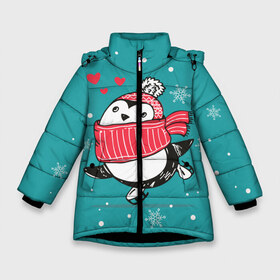Зимняя куртка для девочек 3D с принтом Пингвинчик на коньках в Новосибирске, ткань верха — 100% полиэстер; подклад — 100% полиэстер, утеплитель — 100% полиэстер. | длина ниже бедра, удлиненная спинка, воротник стойка и отстегивающийся капюшон. Есть боковые карманы с листочкой на кнопках, утяжки по низу изделия и внутренний карман на молнии. 

Предусмотрены светоотражающий принт на спинке, радужный светоотражающий элемент на пуллере молнии и на резинке для утяжки. | Тематика изображения на принте: 14 февраля | день святого валентина | зима | пингвин | снег | снежинки