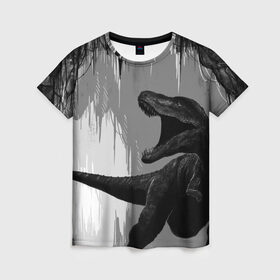 Женская футболка 3D с принтом Пещера динозавра в Новосибирске, 100% полиэфир ( синтетическое хлопкоподобное полотно) | прямой крой, круглый вырез горловины, длина до линии бедер | animal | beast | dino | rage | roar | динозавр | животное | зверь | земля | пещера | рык | эра | ярость
